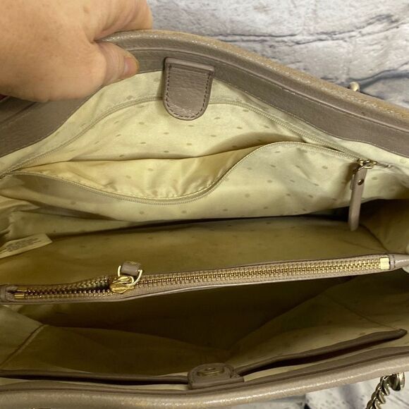 Kate Spade Chain and Leather Strap Magnetic Closure Gray Tan Tote Handbag Purse - Picture 7 of 16